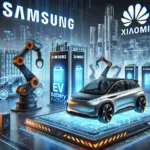 DALL·E 2025-03-27 20.53.03 - A futuristic scene showcasing Samsung and Xiaomi's influence in the electric vehicle industry. On the left, a high-tech Samsung EV battery factory wit