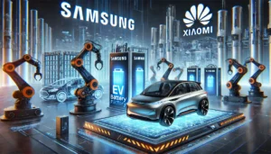 DALL·E 2025-03-27 20.53.03 - A futuristic scene showcasing Samsung and Xiaomi's influence in the electric vehicle industry. On the left, a high-tech Samsung EV battery factory wit